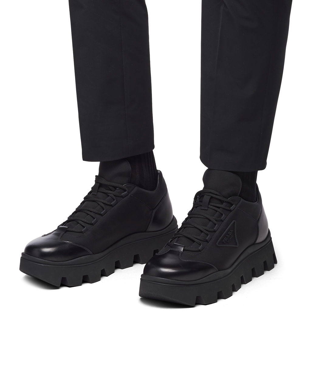 Prada Brushed Bőr And Nylon Sneakers Fekete | NXUQKM396