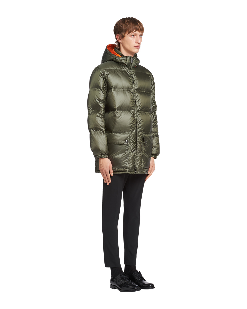 Prada Csuklyás Nylon Down Jacket Zöld Narancssárga | TQGICV608