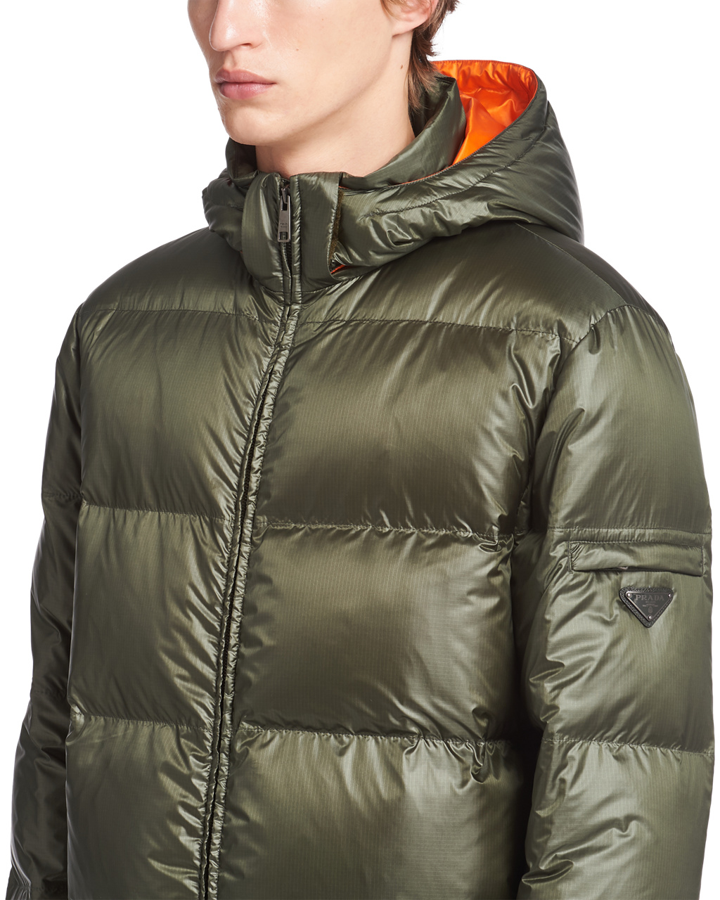 Prada Csuklyás Nylon Down Jacket Zöld Narancssárga | TQGICV608