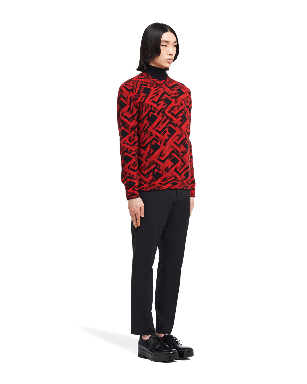 Prada Jacquard Wool And Cashmere Crew-neck Pulóver Fekete Piros | YMRWJB769