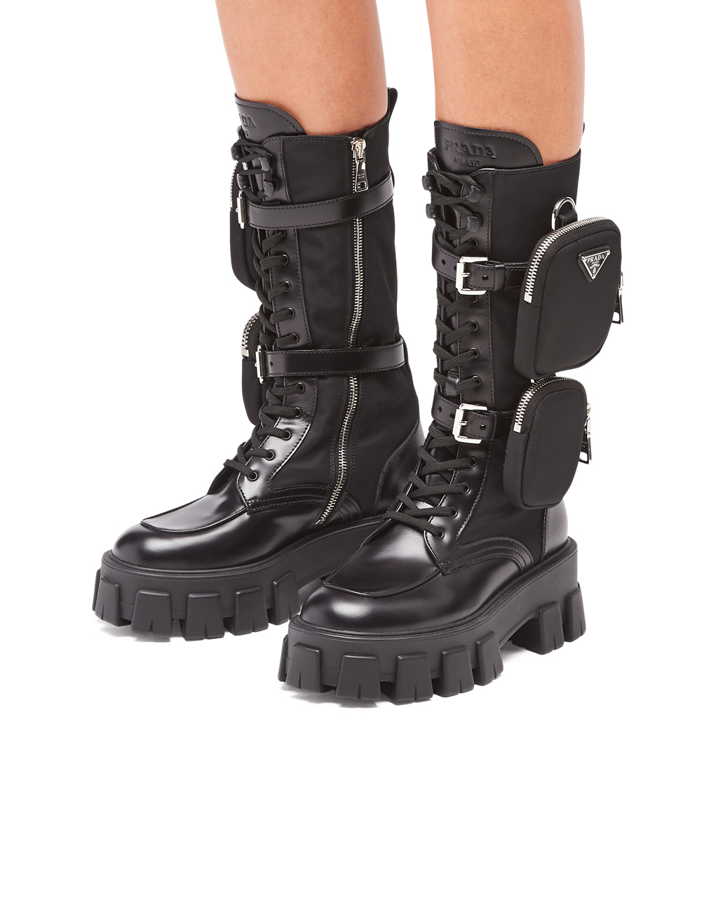 Prada Monolith Brushed Rois Bőr And Nylon Motoros Boots Fekete | AGLEOY702