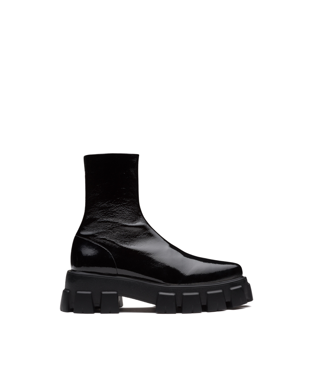 Prada Monolith Pointy Technical Lakkbőr Bőr Booties Fekete | KHRVQT254