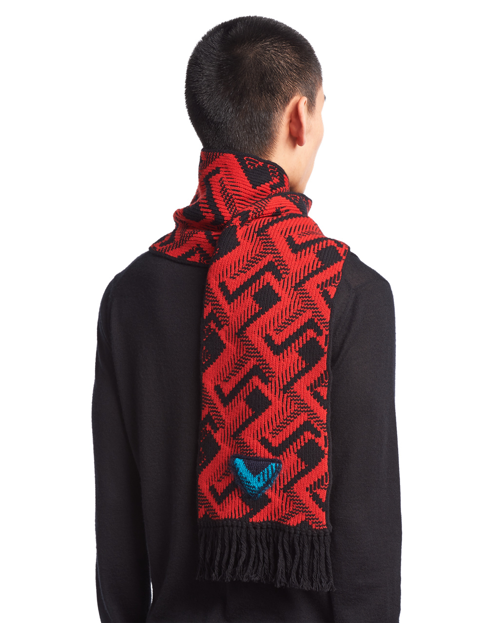 Prada Wool And Cashmere Jacquard Scarf Fekete Piros | UJGWAV592