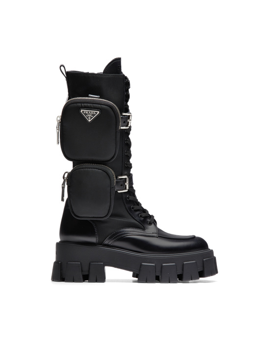 Prada Monolith Brushed Rois Bőr And Nylon Motoros Boots Fekete | AGLEOY702