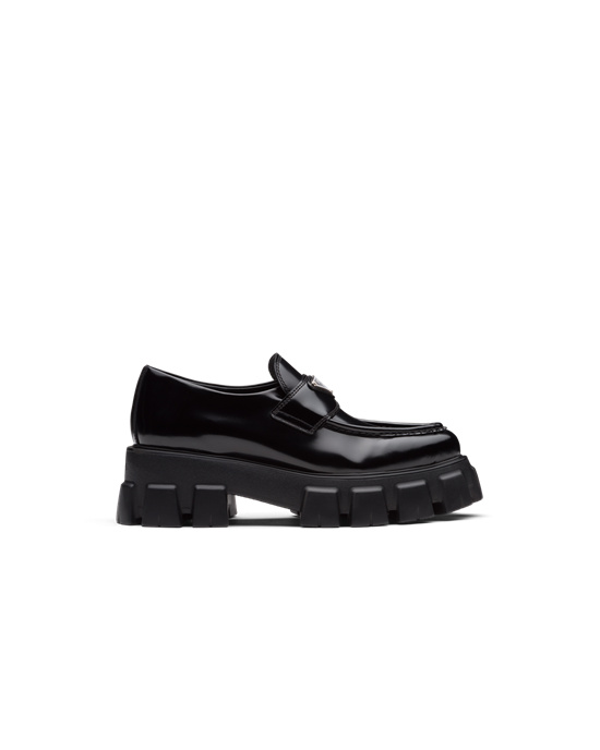 Prada Monolith Pointy Brushed Bőr Loafers Fekete | EQZRNW064