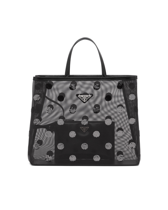 Prada Polka-dot Mesh Tote Bag Fekete | UZMPFW238