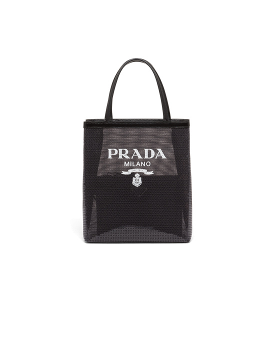 Prada Small Sequined Mesh Tote Bag Fekete | WMPKGV981